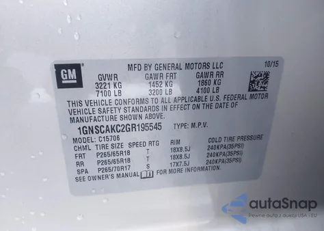 2016 Chevrolet Tahoe Ls из США, поврежденный, VIN 1GNSCAKC2GR195545